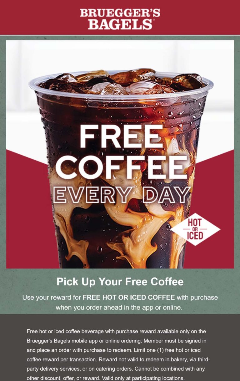 Free coffee with your purchase daily via login at Brueggers Bagels