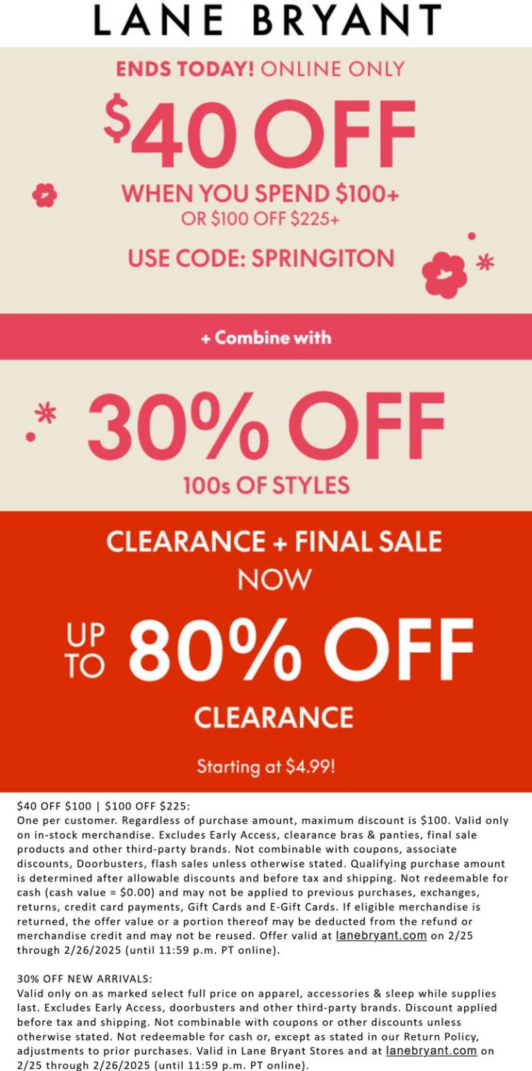 $40-$100 off $100+ & more today at Lane Bryant via promo code SPRINGITON