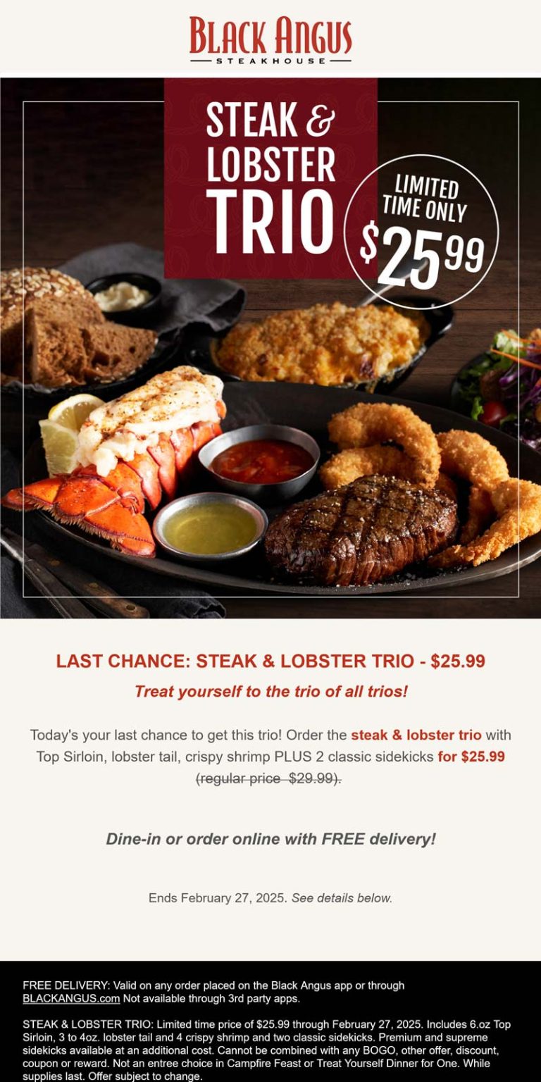 Steak + lobster tail + shrimp + 2 sides = $26 today at Black Angus steakhouse