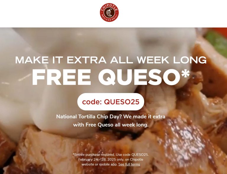 Free $3 queso with your entree at Chipotle via promo code QUESO25