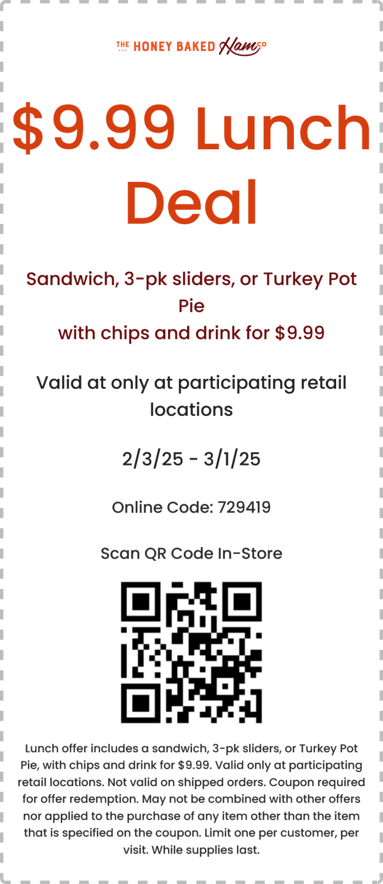 Sandwich or pot pie + chips + drink = $10 at Honeybaked Ham