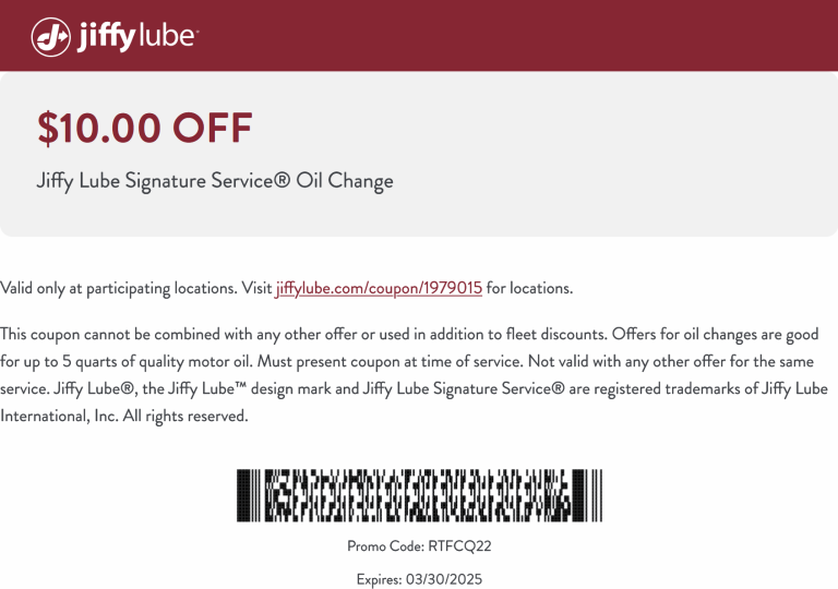 $10 off an oil change at Jiffy Lube