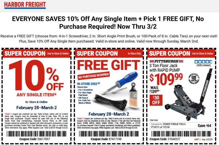 Free gift + 10% off at Harbor Freight tools, no purchase necessary