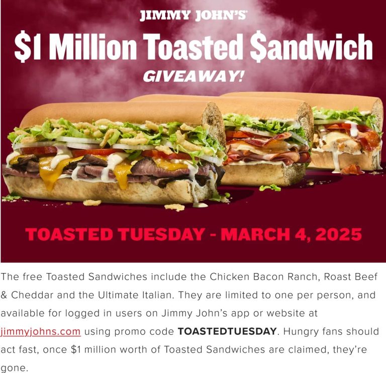 Free toasted sandwich Tues at Jimmy Johns via promo code TOASTEDTUESDAY