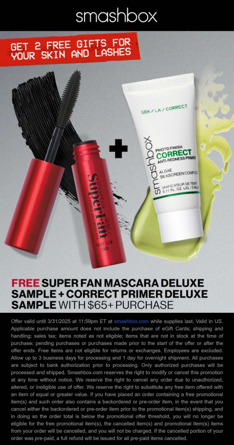 Free mascara & primer on $65 at Smashbox