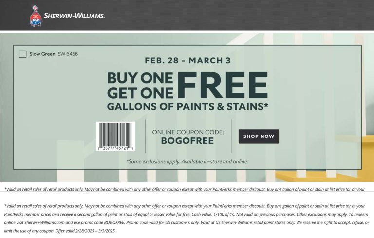 Second gallon of paint or stain free at Sherwin Williams, or online via promo code BOGOFREE
