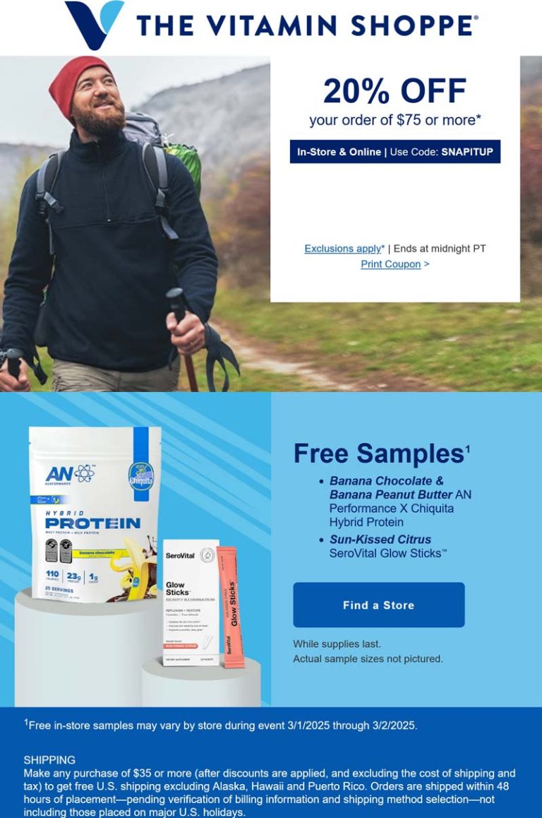 20% off $75+ today at The Vitamin Shoppe, or online via promo code SNAPITUP