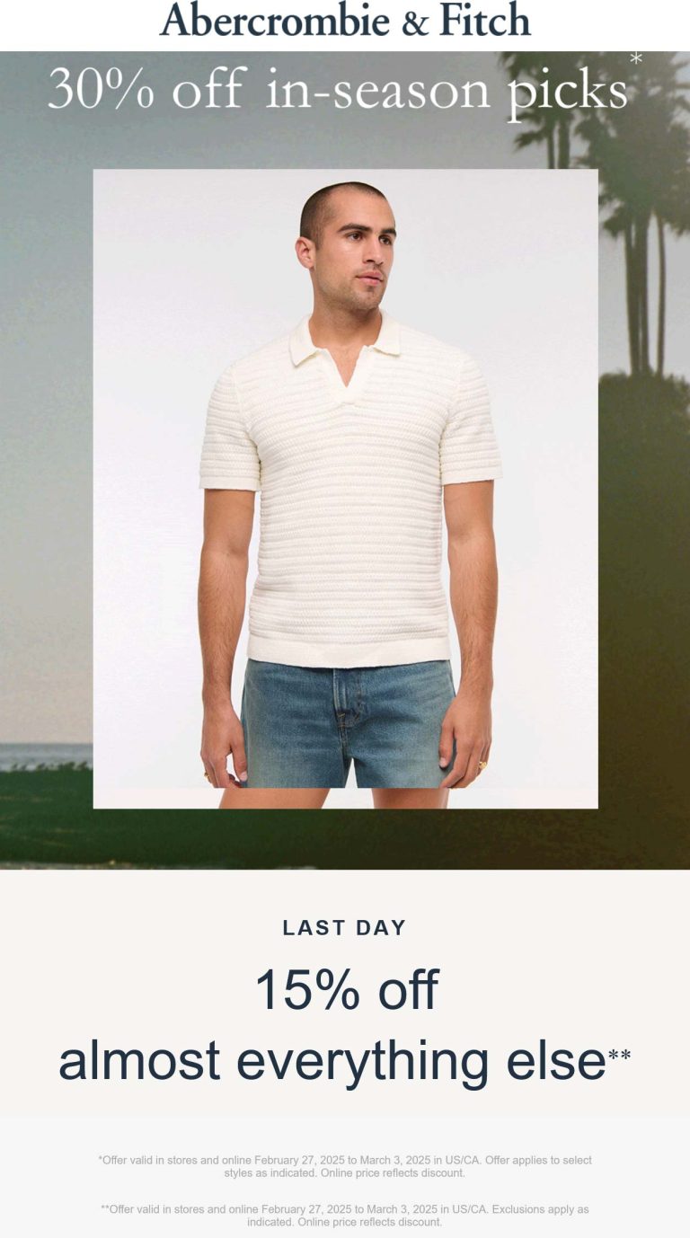 Abercrombie & Fitch coupon: 30% off Spring & more today at Abercrombie & Fitch