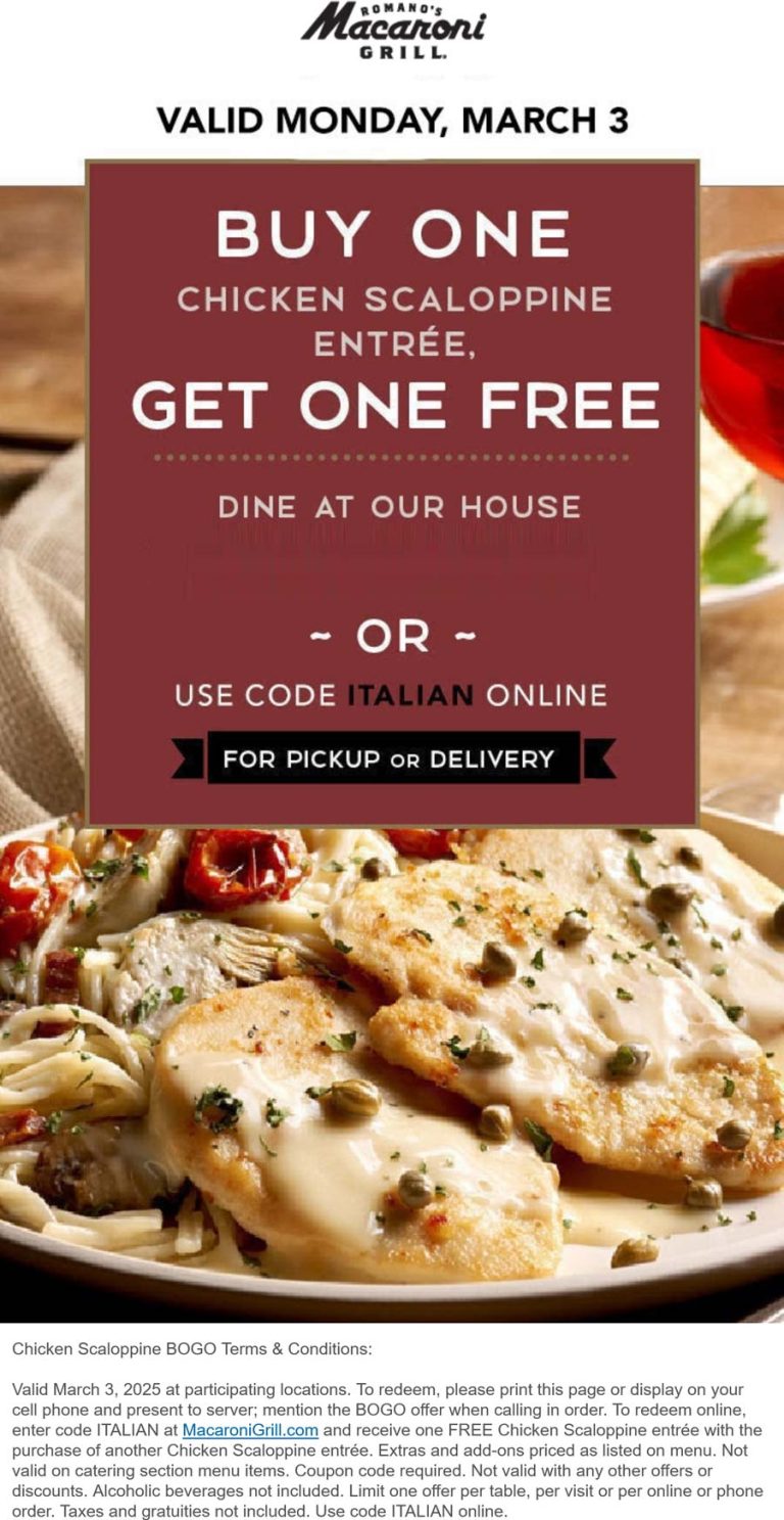 Second chicken scaloppine free today at Macaroni Grill