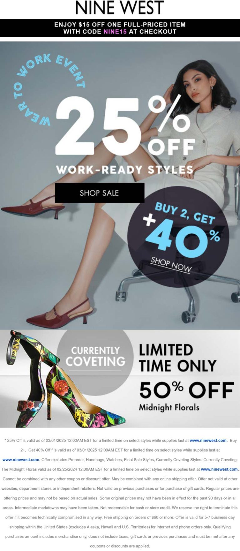 $15 off a single item + 25-40% off work styles at Nine West via promo code NINE15