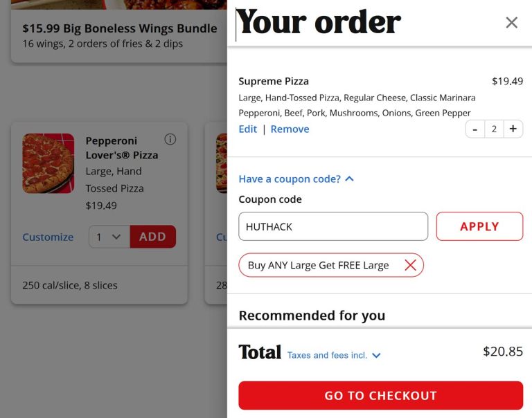 Second large pizza free at Pizza Hut via promo code HUTHACK