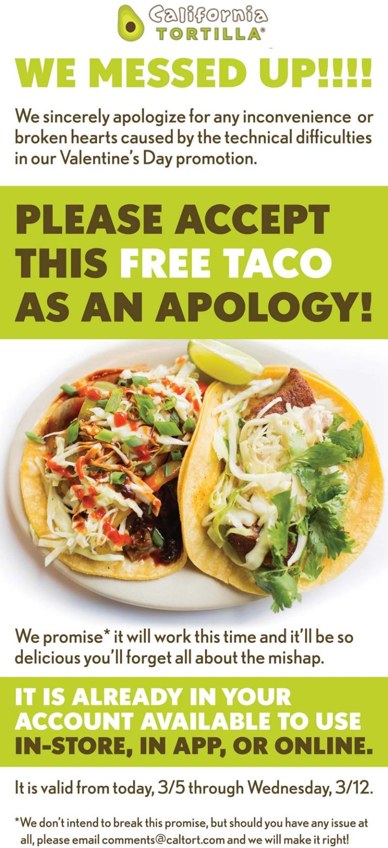 Free taco via login at California Tortilla