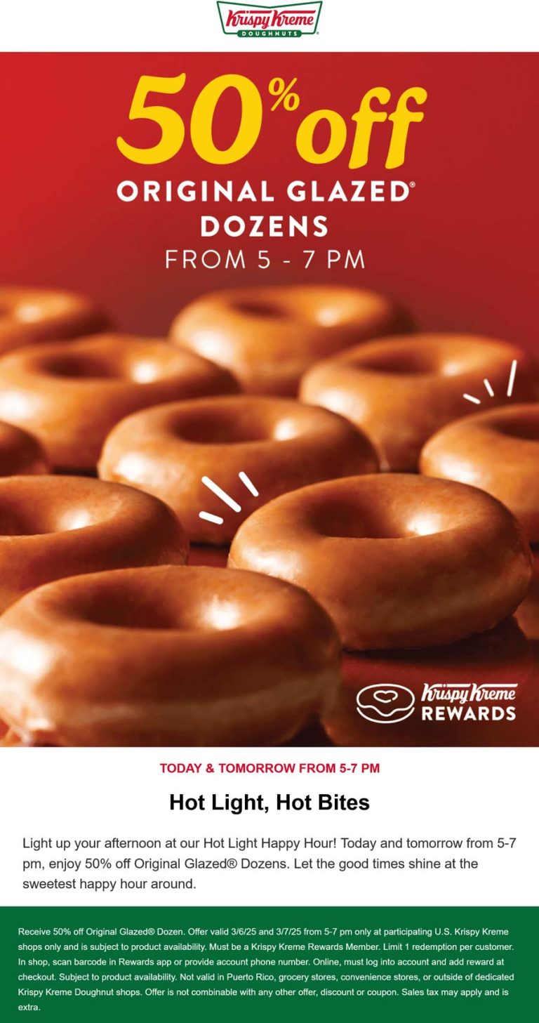 50% off glazed dozens 5-7p at Krispy Kreme doughnuts