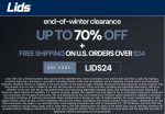 End of winter 70% off clearance today at Lids via promo code LIDS24 #lids