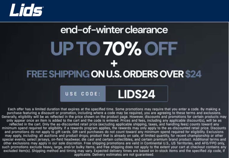 End of winter 70% off clearance today at Lids via promo code LIDS24