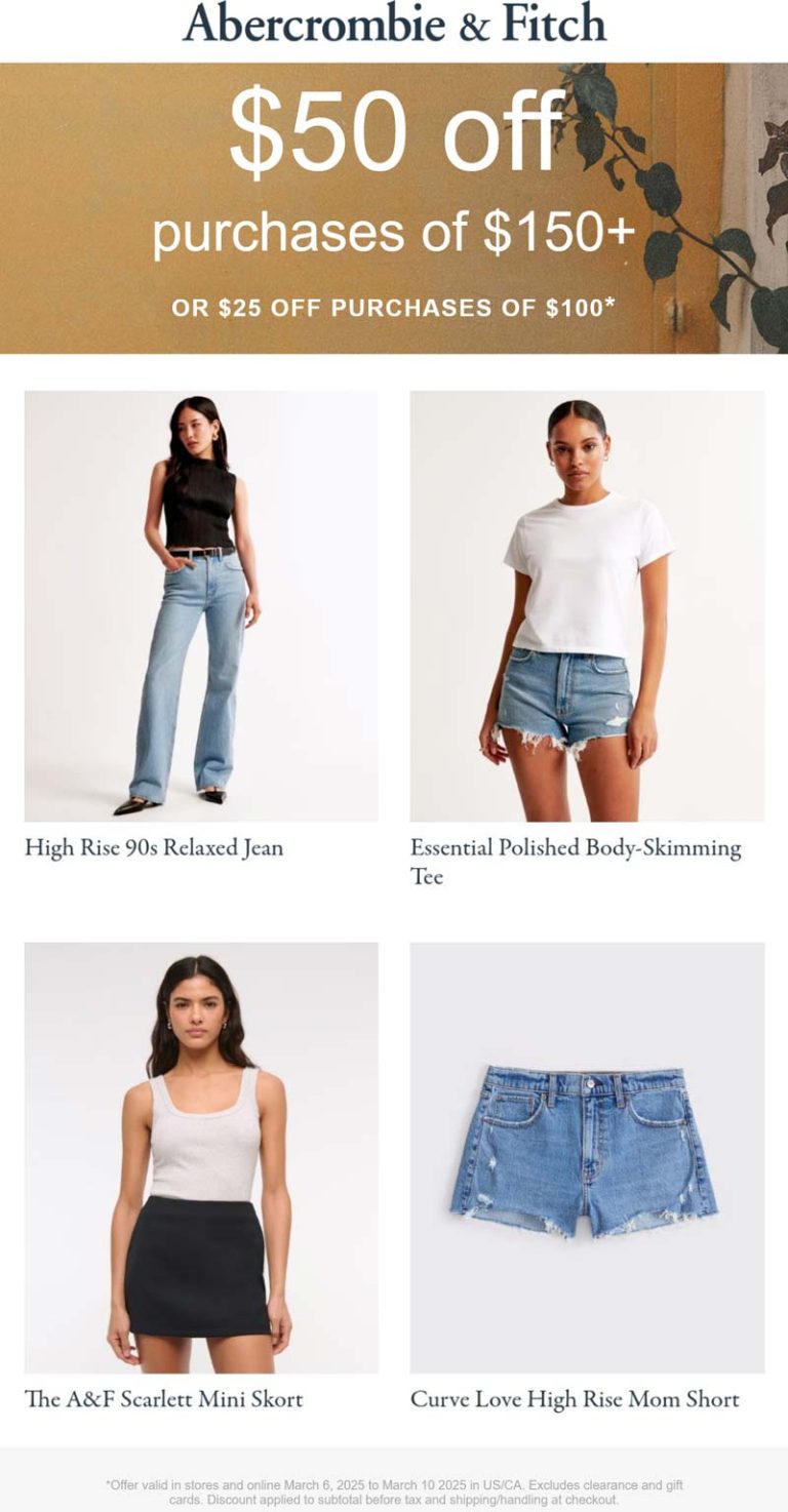 Abercrombie & Fitch coupon: $25-$50 off $100+ at Abercrombie & Fitch, ditto online