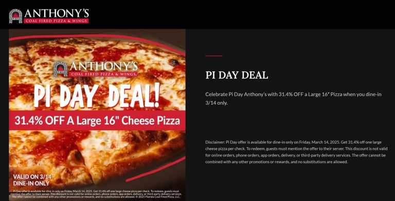 31.4% off a large cheese Friday pi-day at Anthonys coal fired pizza