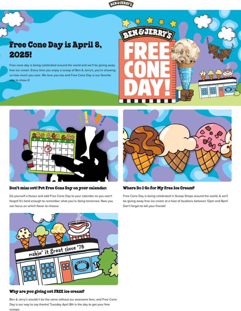 Ben & Jerrys coupon: Free cone day the 8th at Ben & Jerrys ice cream