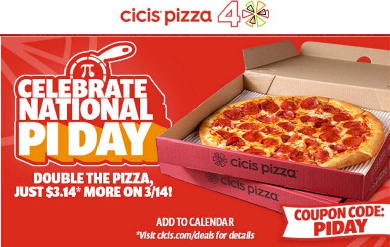 Second pizza $3.14 Friday a Cicis Pizza via promo code PIDAY