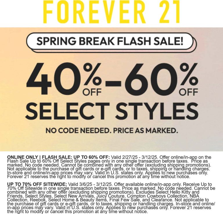 40-60% off spring break styles online at Forever 21
