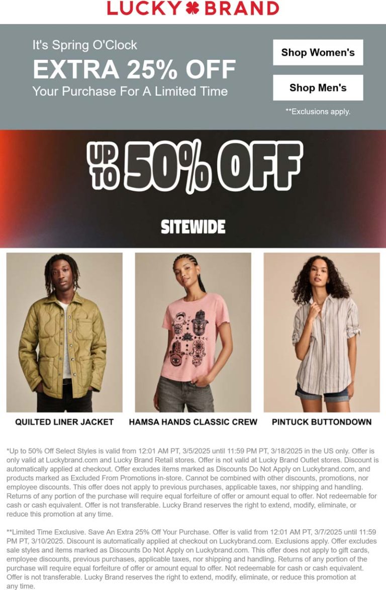 Extra 25% off & more at Lucky Brand