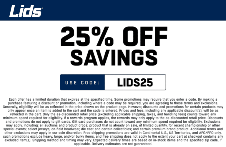 25% off today at Lids via promo code LIDS25