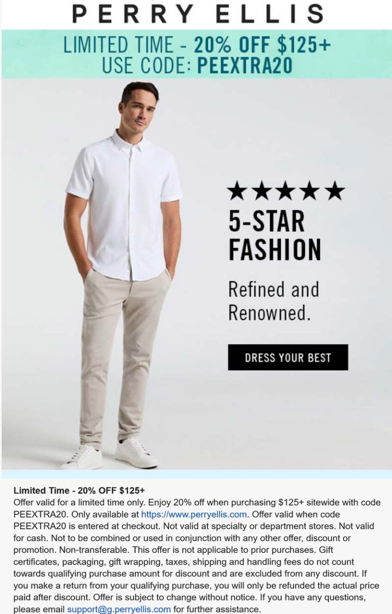 20% off $125+ at Perry Ellis via promo code PEEXTRA20
