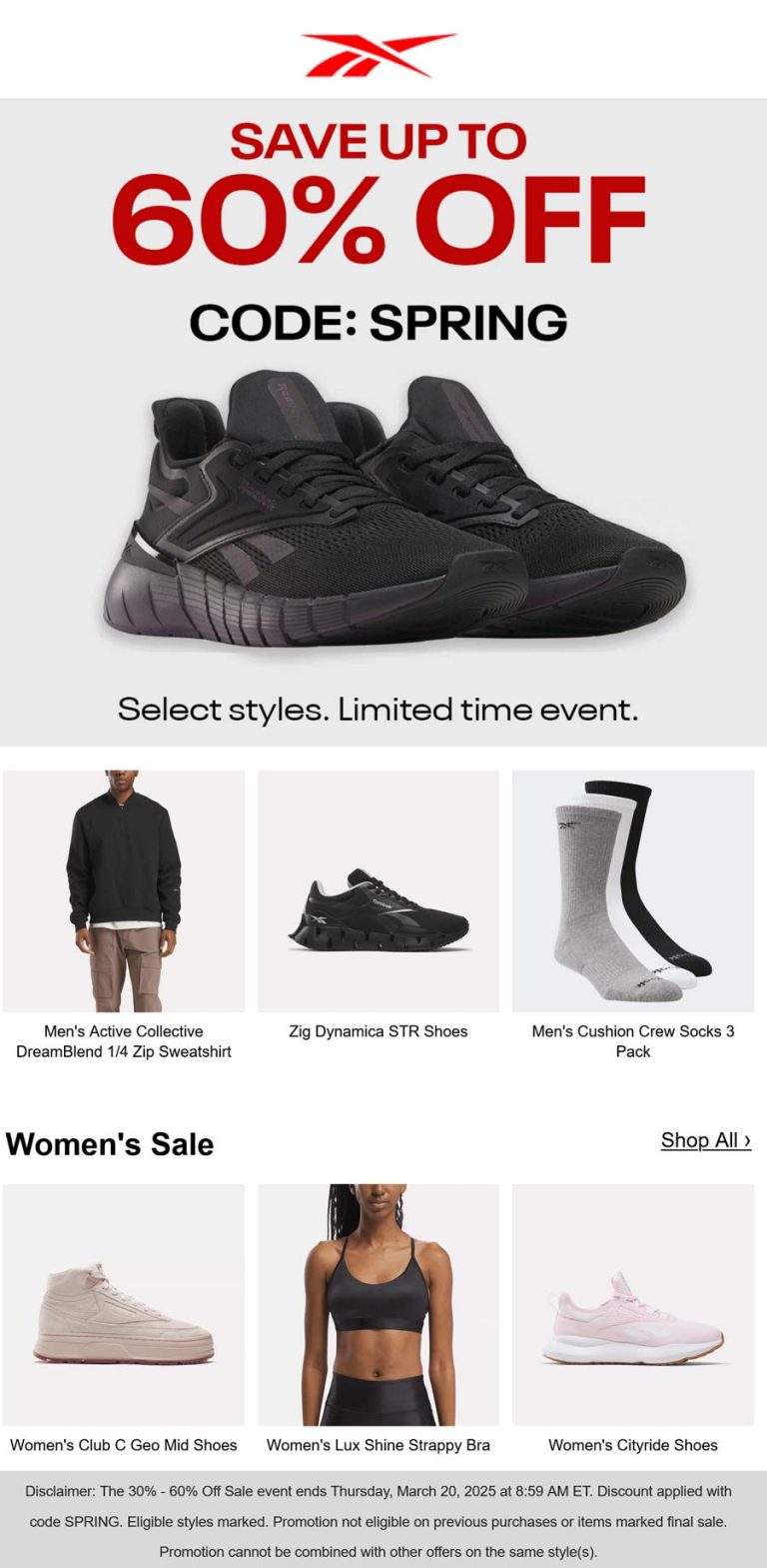 30-60% off at Reebok via promo code SPRING