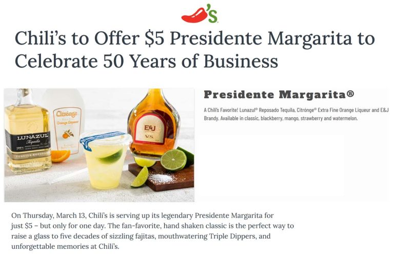 $5 presidente margarita Thurs at Chilis restaurants