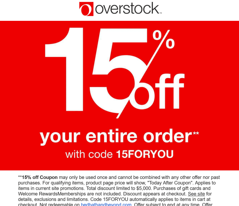 15% off everything today at Overstock via promo code 15FORYOU