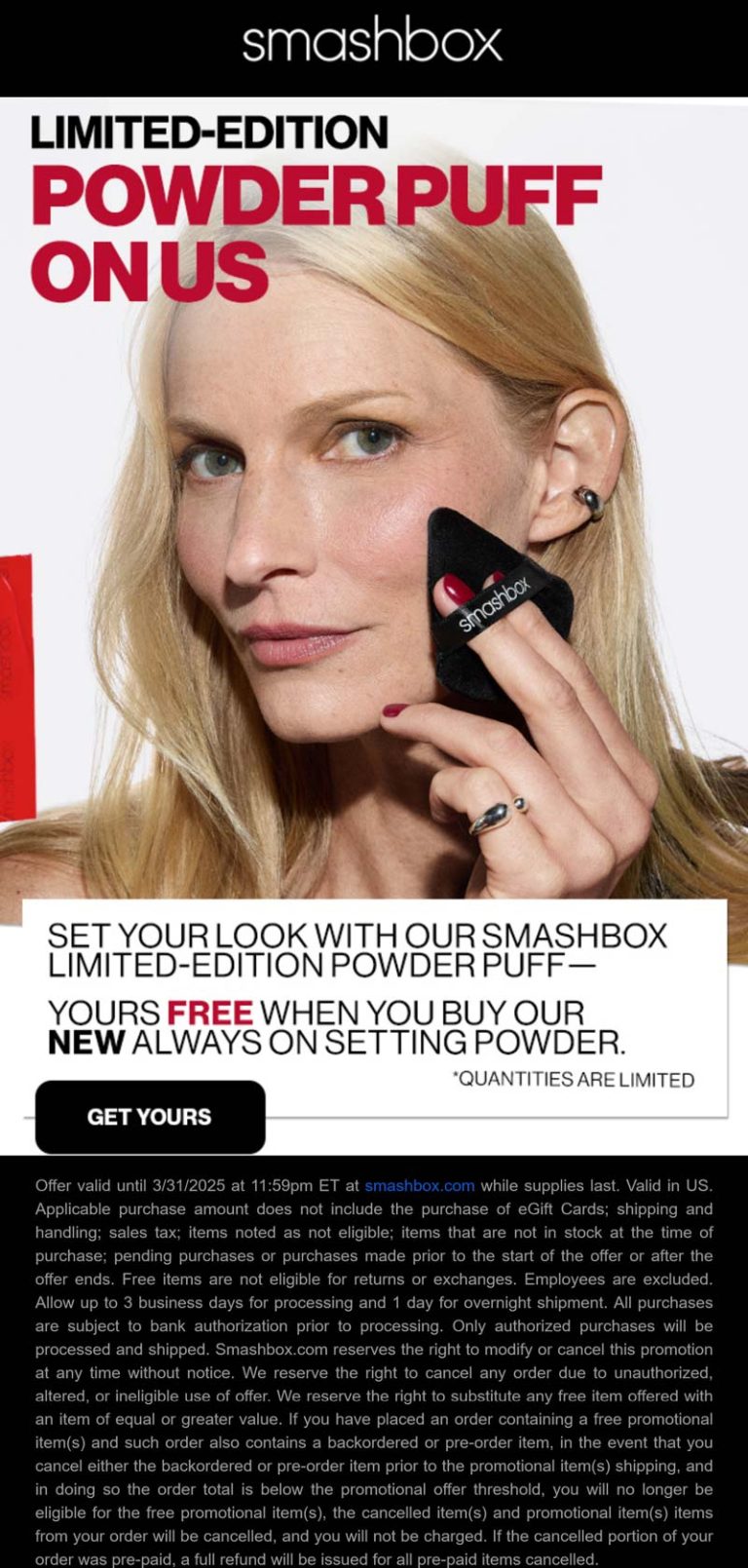 Free powder puff with your setting powder at Smashbox