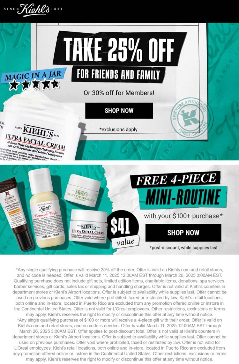 25-30% off + free 4pc on $100 at Kiehls