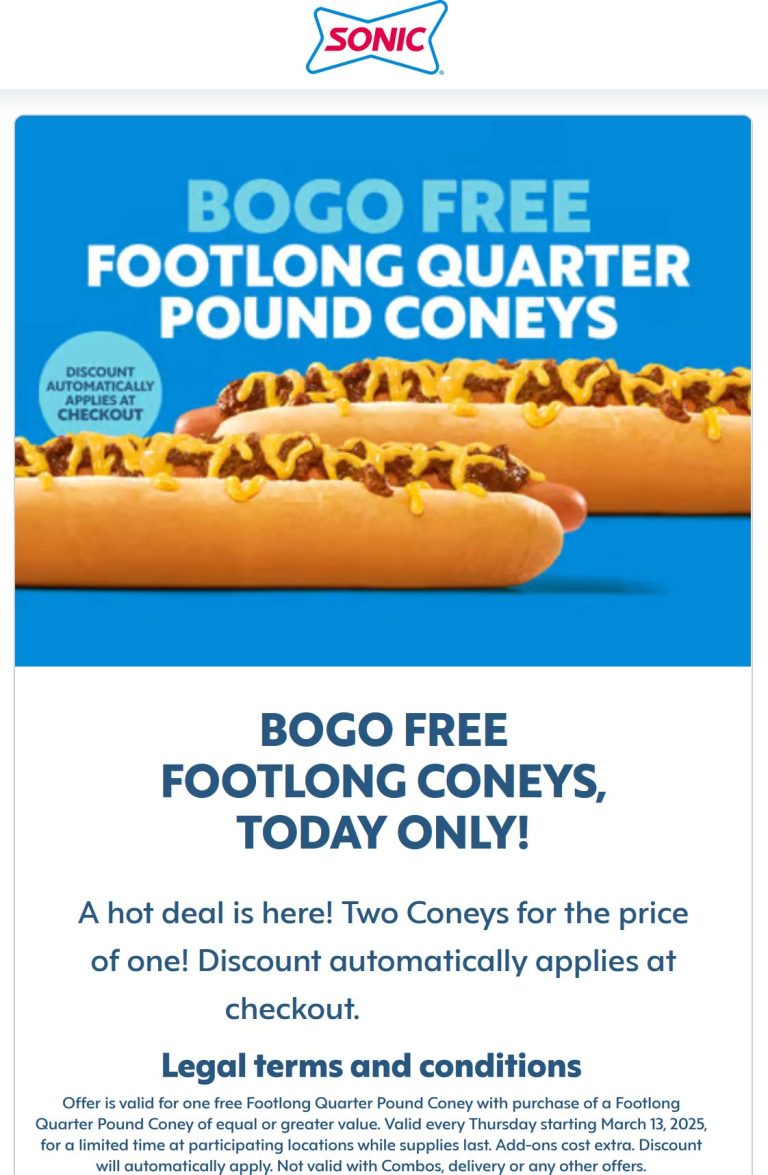 Second footlong coney hot dog free today at Sonic Drive-In