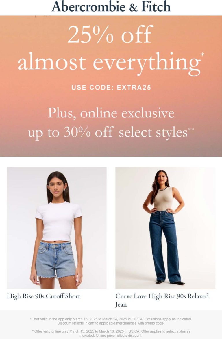 Abercrombie & Fitch coupon: 25% off today at Abercrombie & Fitch via promo code EXTRA25