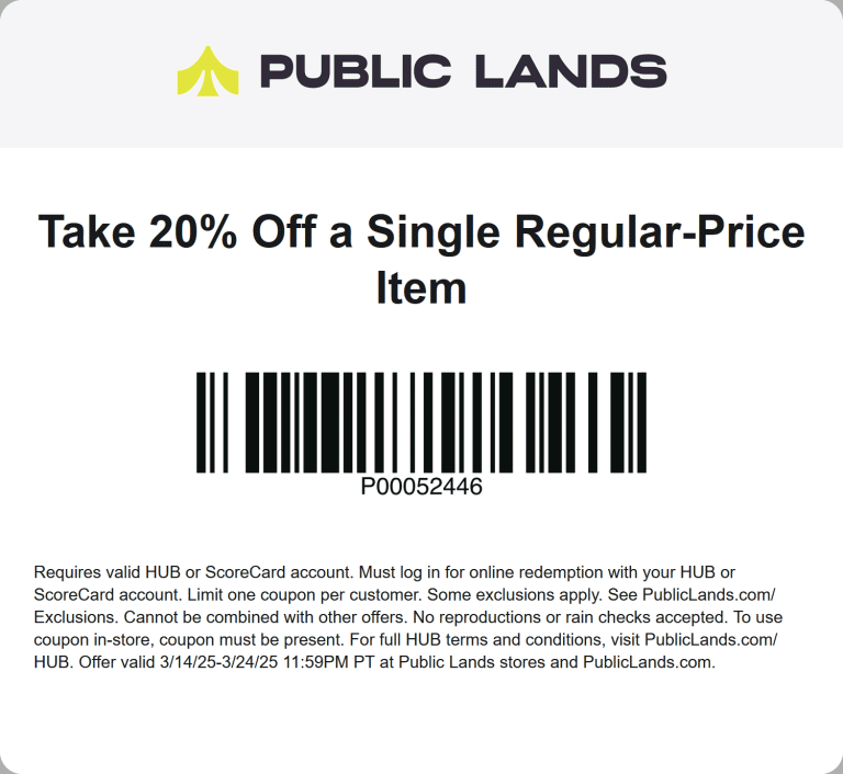 20% off a single item at Public Lands, ditto online