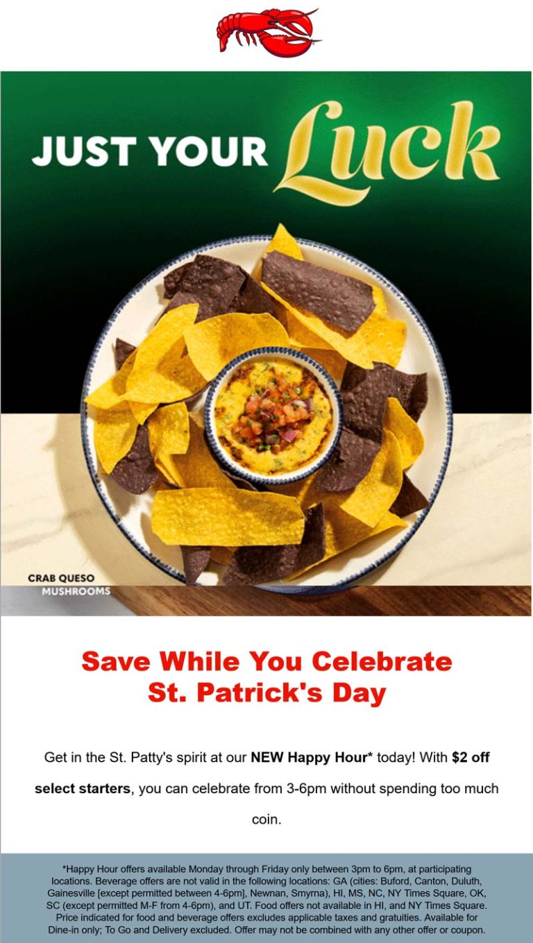 $2 off various appetizers 3-6p today at Red Lobster