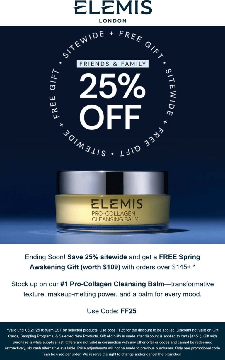 25% off + free $109 gift on $145 at ELEMIS via promo code FF25