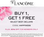 Second item free today at Lancome via promo code HAPPINESS #lancome