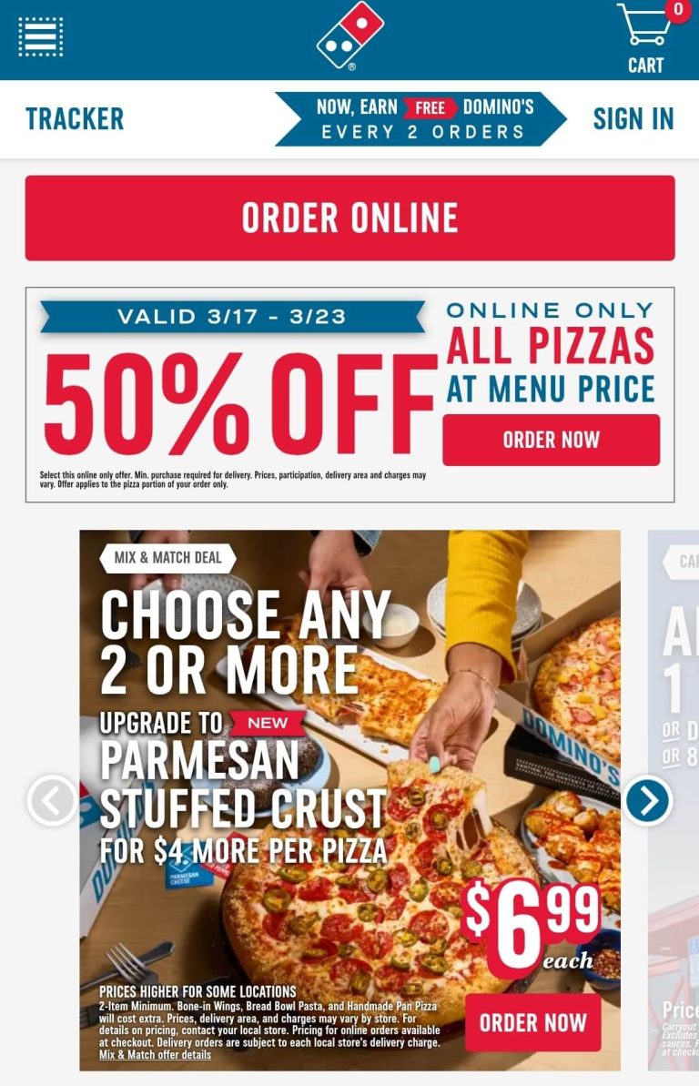 50% off all pizza online at Dominos