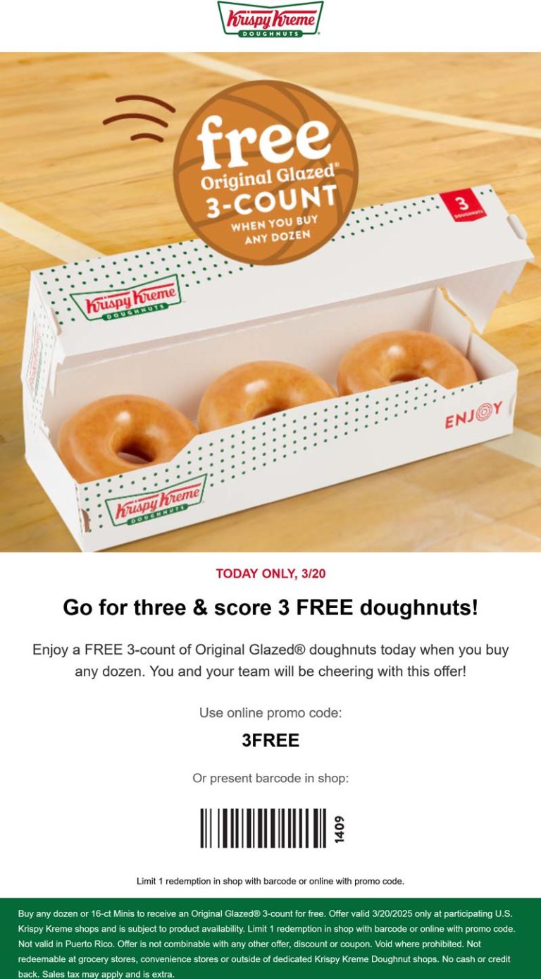 Free 3pk on your dozen doughnuts today at Krispy Kreme