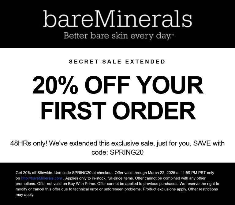20% off online at bareMinerals via promo code SPRING20