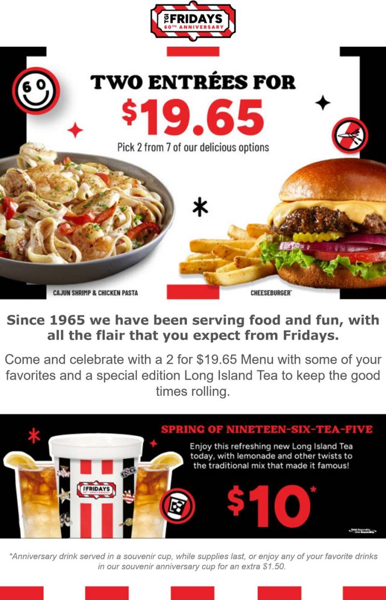 2 entrees for $19.65 at TGI Fridays