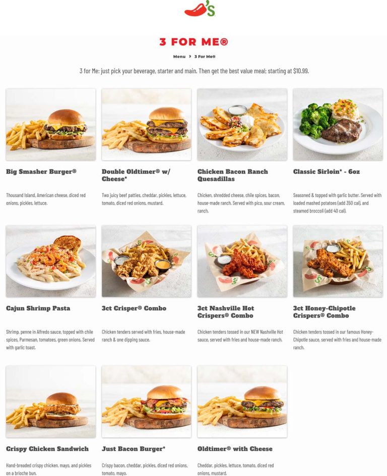 Entree + appetizer + drink = $11 at Chilis