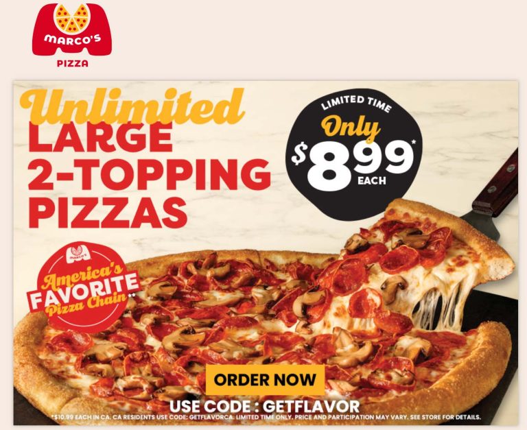 Large 2-topping = $9 at Marcos pizza via promo code GETFLAVOR