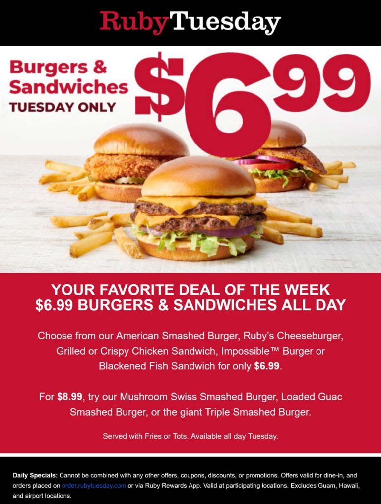 $7 cheeseburger & sandwiches today at Ruby Tuesday