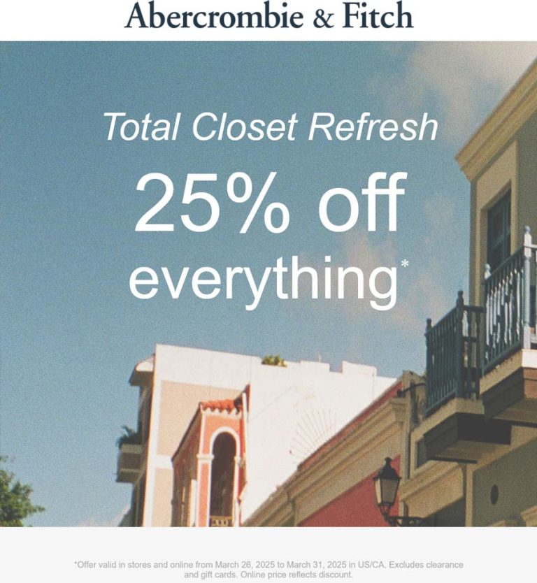 Abercrombie & Fitch coupon: 25% off everything at Abercrombie & Fitch, ditto online