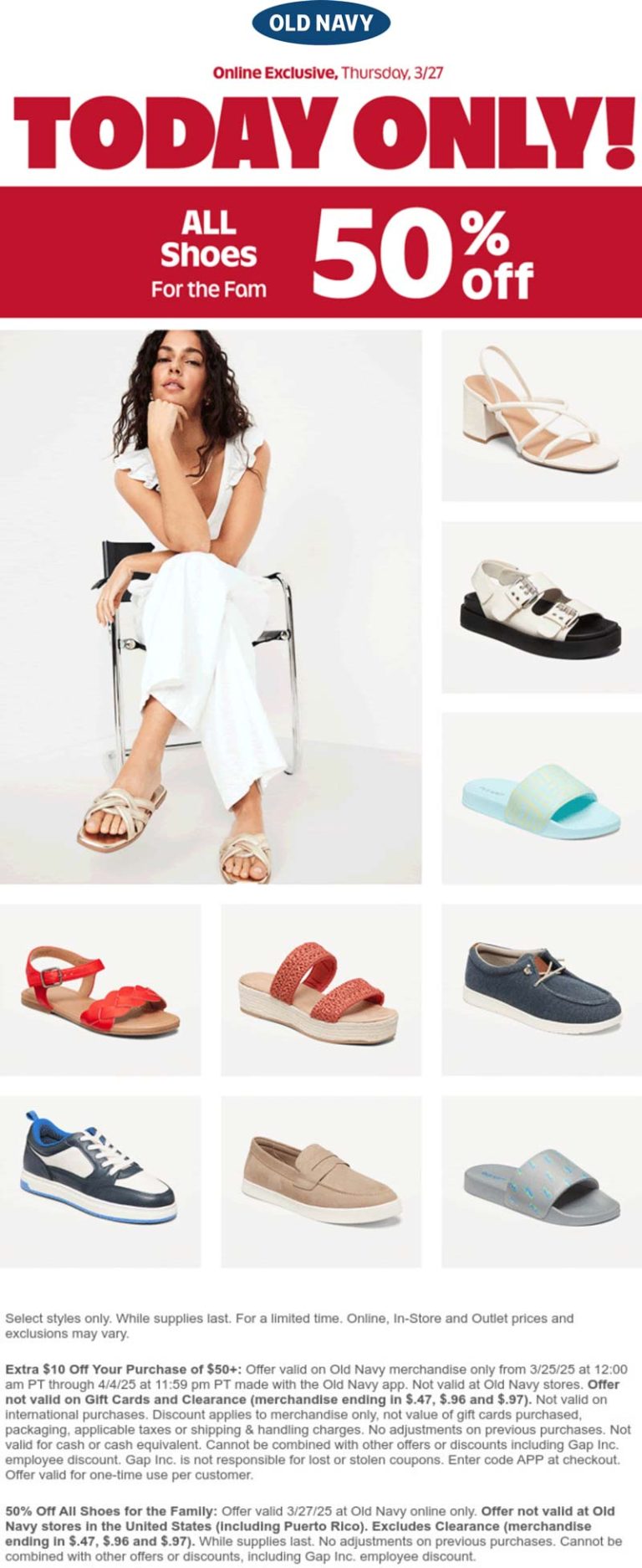 50% off shoes today at Old Navy, also $10 off $50 via promo code APP