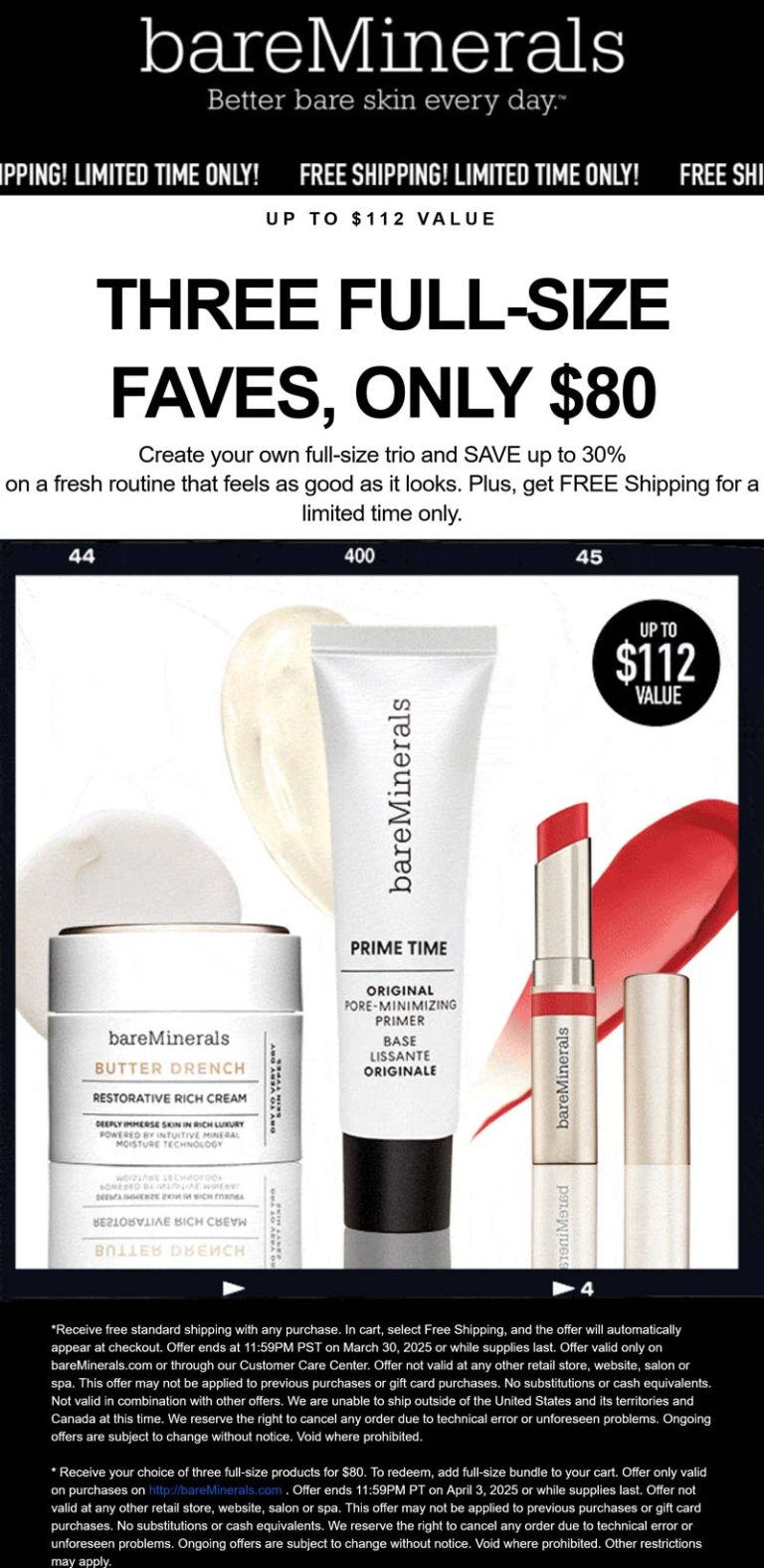 3 full size items = $80 with free shipping at bareMinerals