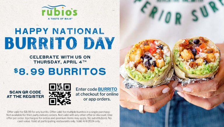 $9 burritos Thurs at Rubios via promo code BURRITO