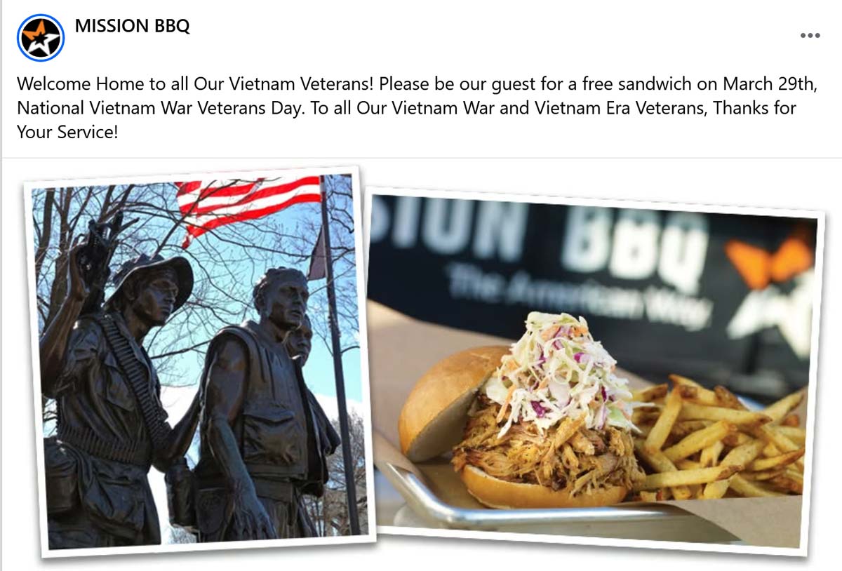 Vietnam vets enjoy a free sandwich today at Mission BBQ #missionbbq ...